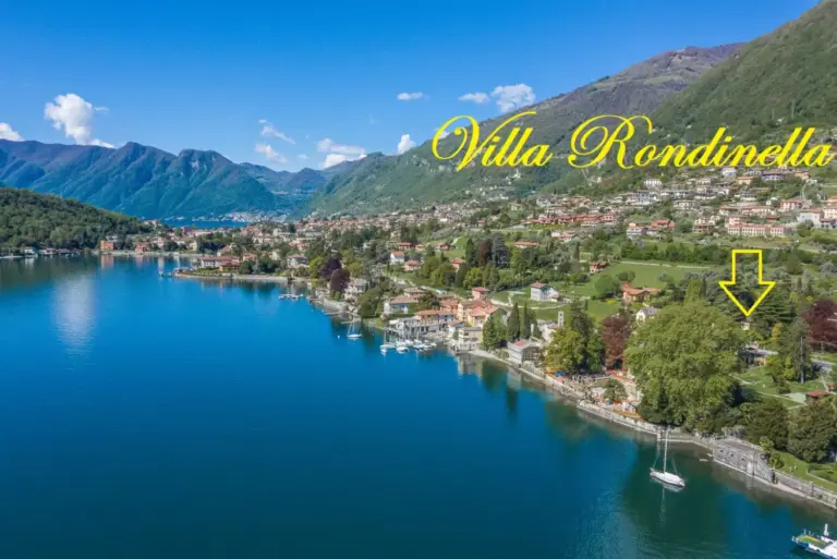 Vista aerea del Lago di Como con la posizione di Villa Rondinella sulla riva di Azzano in Tremezzina