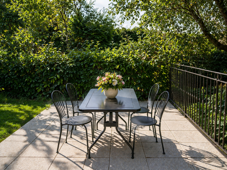 Tavolo da pranzo all'aperto sulla terrazza circondata dal verde del giardino a Tulipani 2, Tremezzina