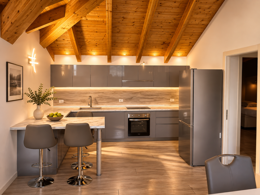 Cucina moderna con penisola snack, piano a induzione e forno nell'attico Casa Flavia a Menaggio